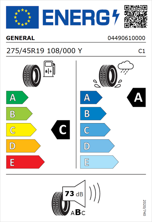 Tyre Label for General Grabber GT Plus 275/45R19 108/000Y