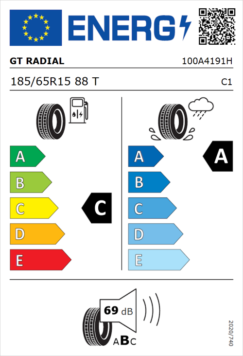 Tyre Label for GT Radial FE2 185/65R15 88T