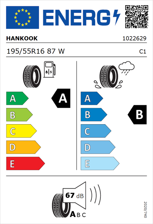 Tyre Label for Hankook Ventus Prime 3 K125 195/55R16 87W