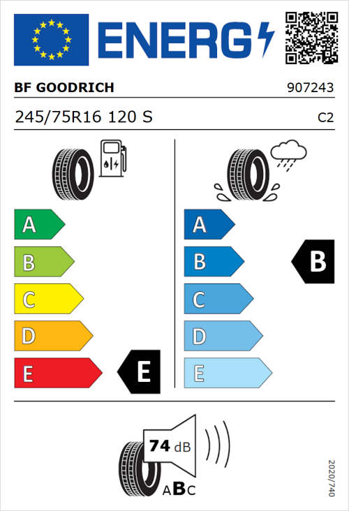 Tyre Label for BF Goodrich All Terrain T/A KO2 RWL 245/75R16 120S