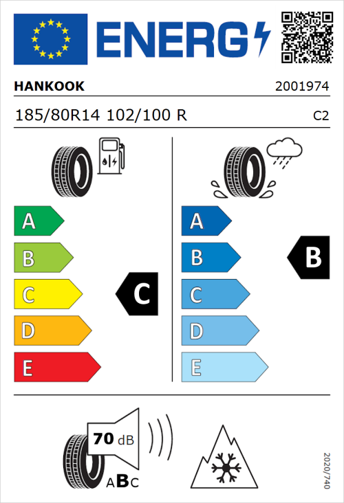 Tyre Label for Hankook Vantra LT RA18 185/80R14 102/100R